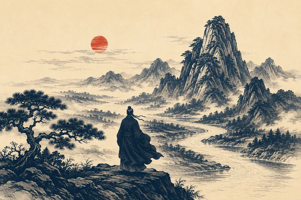 青绿山水中,一位行旅者望向远山